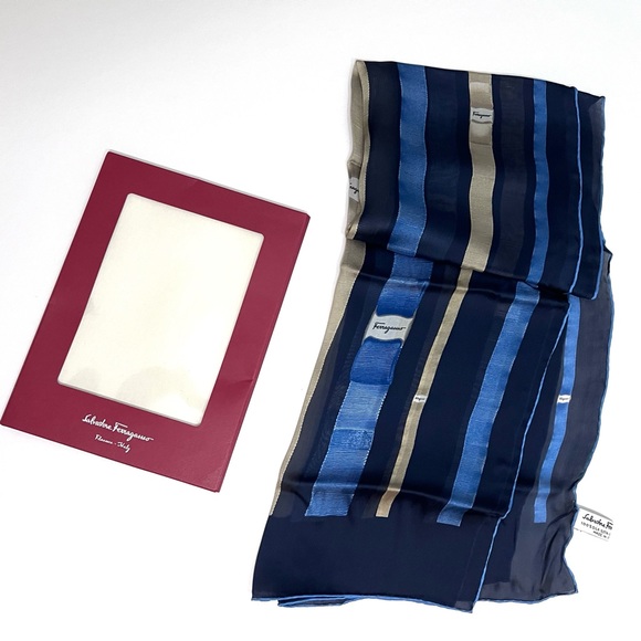 Salvatore Ferragamo Silk Scarf 60" X 16.5" Blue & Beige - Picture 3 of 10